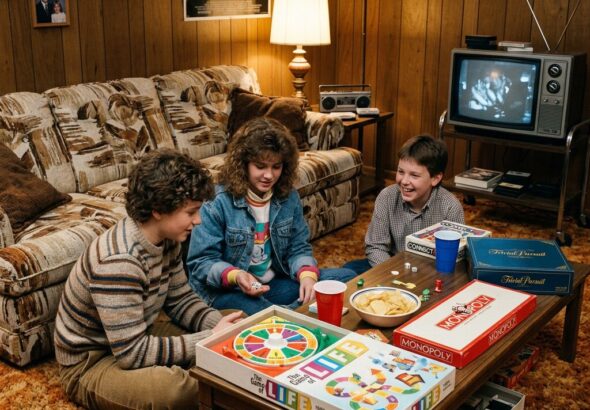 Three children playing board games around a coffee table in a vintage living room