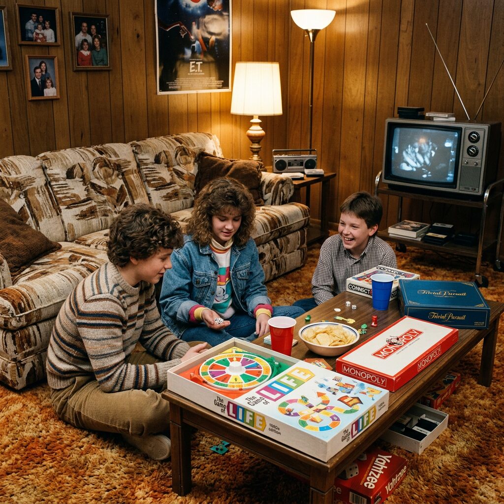 Three children playing board games around a coffee table in a vintage living room